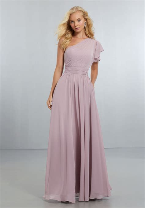 chiffon bridesmaids dress with one shoulder flounced sleeve style