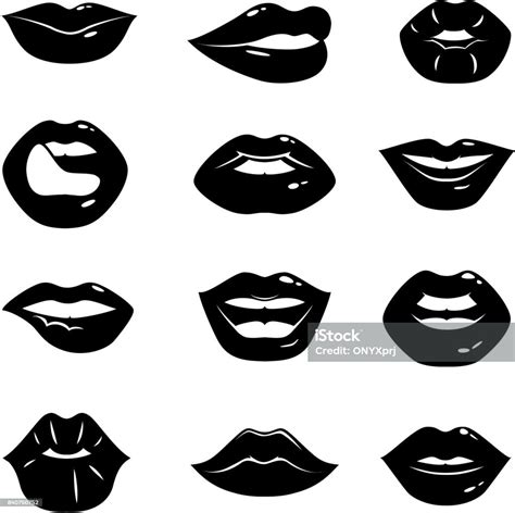 monochrome illustrations of beautiful and glossy female lips isolated