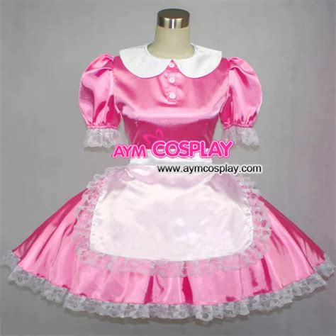 sissy maid satin pink dress lockable uniform cosplay costume tailor