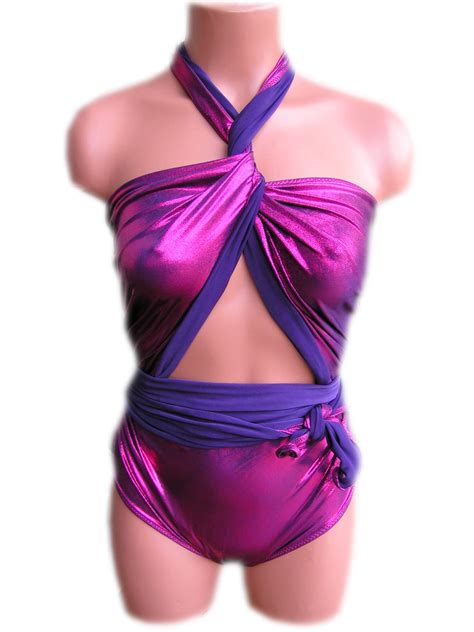 Sizeless Medium Wrap Around Swimsuit Liquid Metallic Hot Pink On Purple