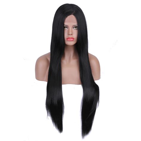 30 inch black silky straight synthetic lace front wigs glueless heat