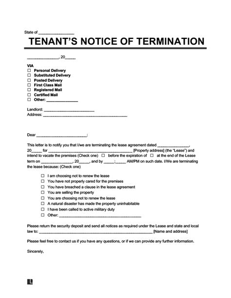 early lease termination letter  tenant  landlord