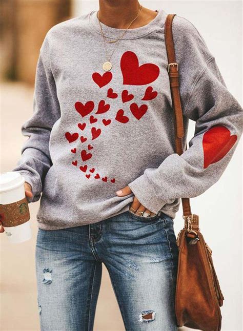 womens sweatshirts heart shaped print long sleeve  neck casual