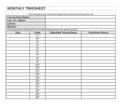 templates monthly time sheet template