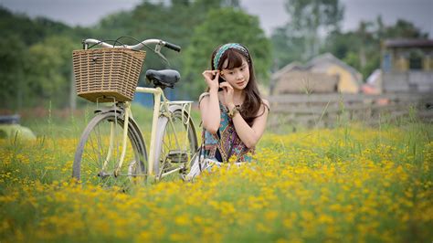 images bicycle girls asian fields wicker basket