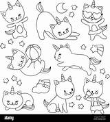 Unicorn Cat Flying Coloring Drawing Kids Vector Linear Horn Drawn Cats Alamy Pet Characters Illustration Cartoon Hand Cute Book sketch template