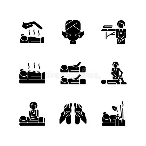 spa treatments black glyph icons set  white space stock vector