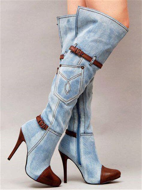 hip high quality blue denim over knee gladiator boots with straps