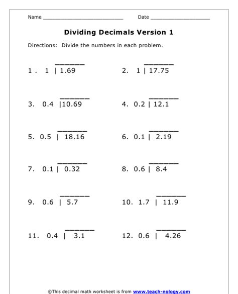 multiplying  dividing decimals worksheets