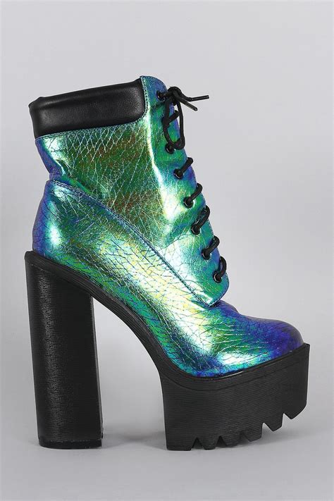 iridescent lug sole lace  chunky platform heeled ankle boots heels boots heeled ankle boots