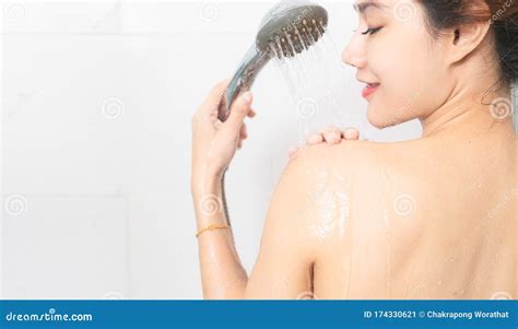 Happy Asian Women Taking Shower With Foam Bath Stock Image Image Of
