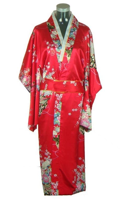Red Japanese Womens Vintage Original Tradition Silk Yukata Kimono Dress