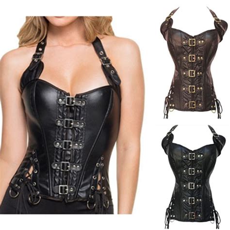 steampunk sexy black faux leather buckle overbust halter corset top