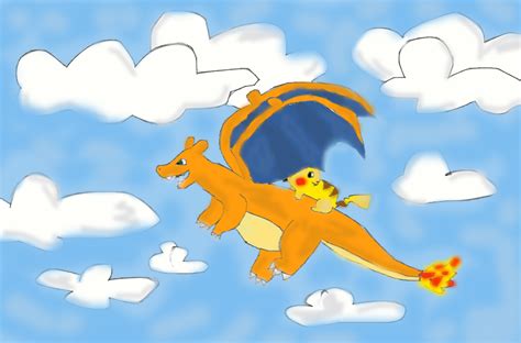 charizard and pikachu riding in the clouds by pikachuafwc on deviantart