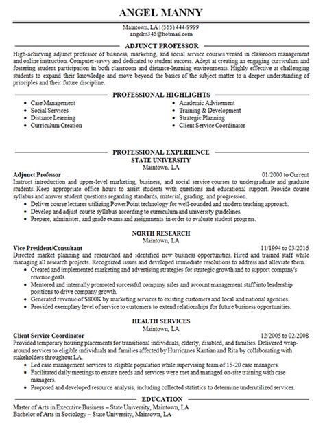 adjunct professor resume  college university