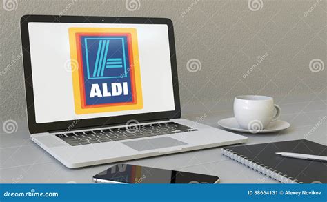 laptop  aldi logo   screen modern workplace conceptual editorial  rendering