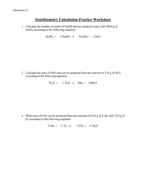 stoichiometry calculation practice worksheet