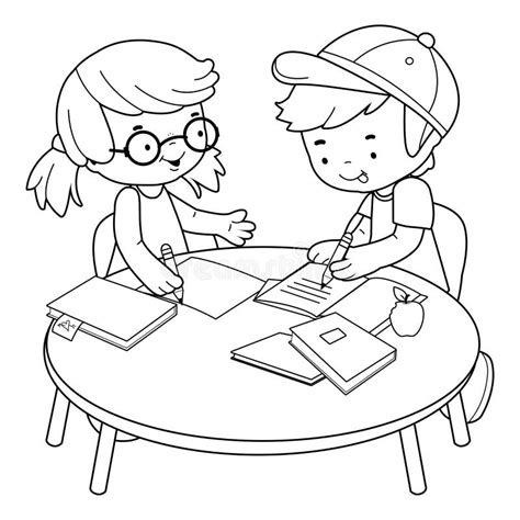 school children   desk   homework vector black  white