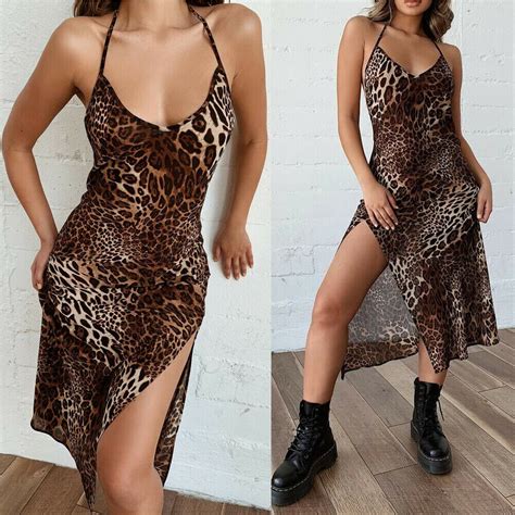 Women Leopard Midi Dress Strappy Ladies Evening Party Club Bodycon Sexy