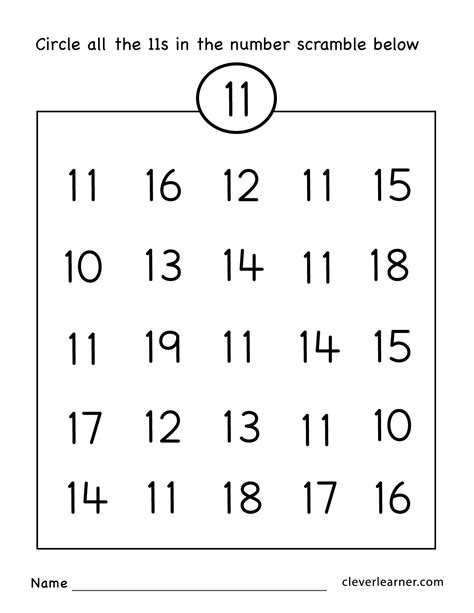 number eleven writing counting  identification printable worksheets