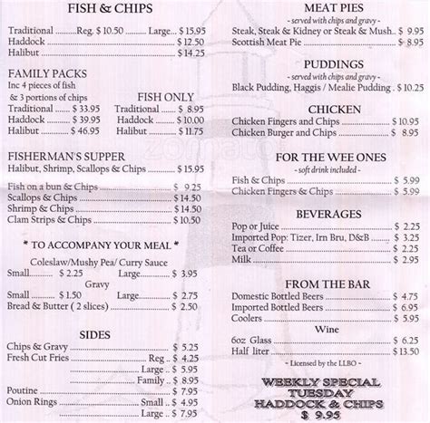 carta del restaurante sea shanty fish chips burlington