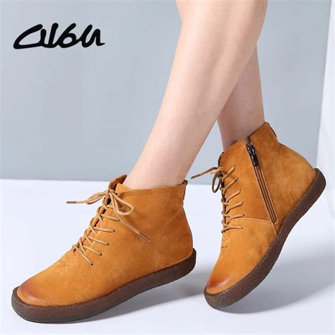 ou ankle boots shoes women genuine leather lace  ladies boots retro  heel rubber boots