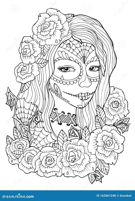 day   dead coloring pages  adults stock vector illustration