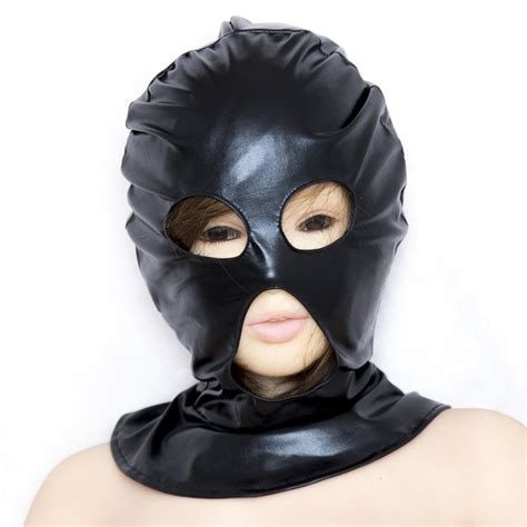 Black Women Faux Leather Head Bondage Restraint Hood Mask Open Mouth