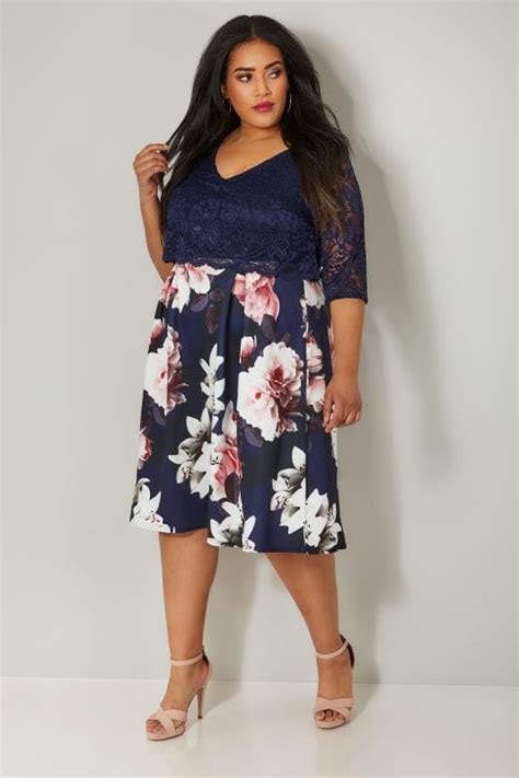 yours london navy and multi floral print lace overlay midi