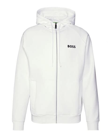 boss mens saggy zip up logo hoodie white jacket