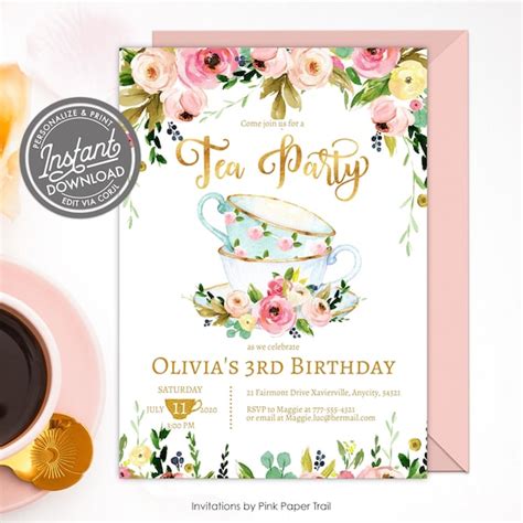 editable tea party invitation tea party birthday invite floral high