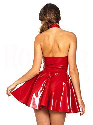 fashion queen black red halter pvc mini dress side zip backless