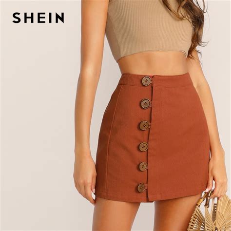 shein button front skirt korean style brown high waist a line skirt