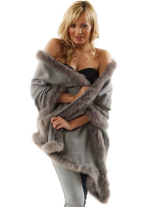 designer fox fur grey cashmere pashmina fur trimmed pashminas