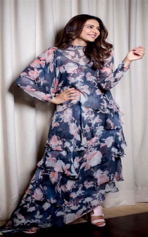 Beautiful Actress Rakul Preet Singh In Floral Blue Dress