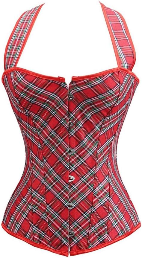 omg red plaid satin sexy overbust bra strap corset top elegant bustier