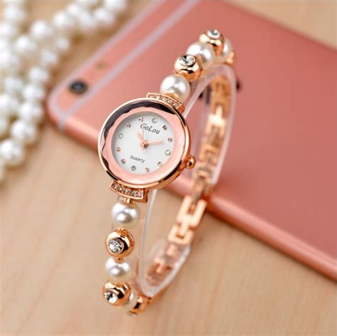 luxury rose gold pearl bracelet watches women ladies rhinestone dress