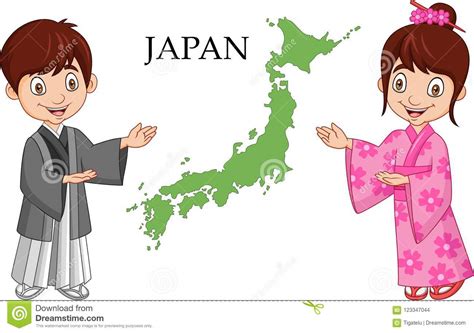 cartoon japanese couple wearing traditional costume stock