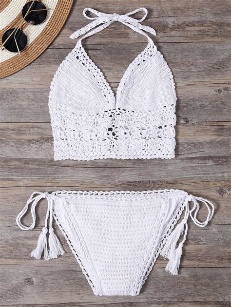 [63 Off] Unlined Halter Crochet Bikini Bathing Suit Rosegal
