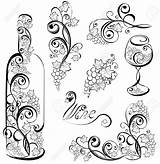 Wine Bottle Vector Coloring Grape Tattoo Elements Wineglass Glass Pages Grapevines Stock Illustration Grap Stencils Adult Grapes Drawing Vine Bottles sketch template