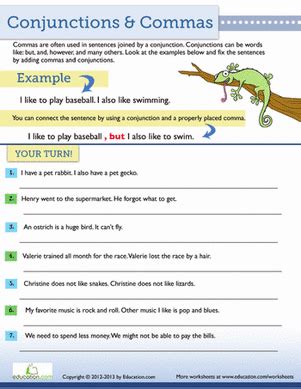 conjunctions  commas worksheet educationcom teaching
