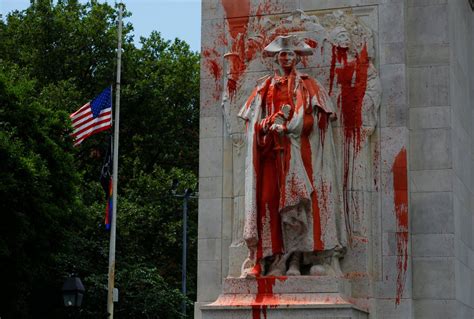 trump threatens protesters  threw red paint  george washington statue   year prison