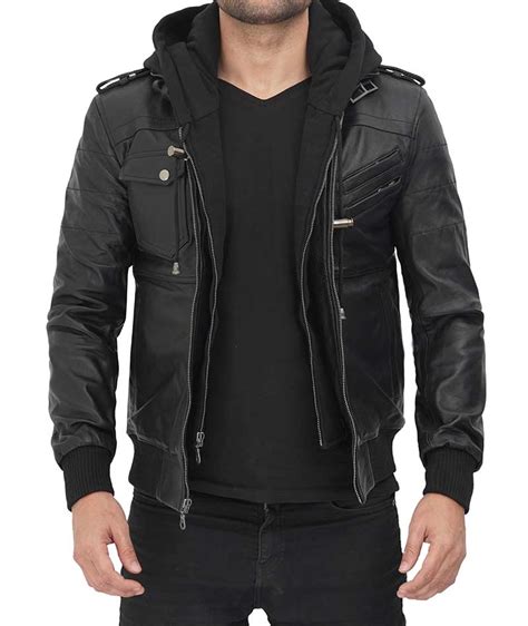 mens leather jacket  hood  black  insured shipping