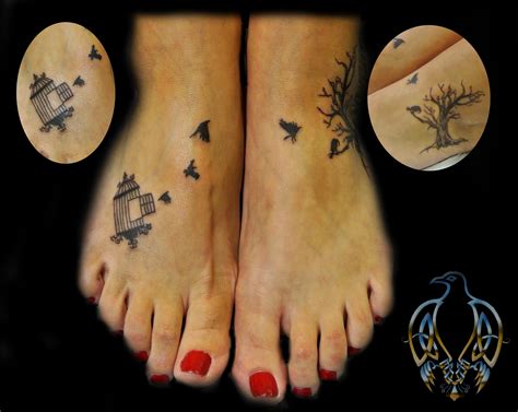 from the cage to freedom crow silhouette bird cage tree foot tattoo tattoos by candace