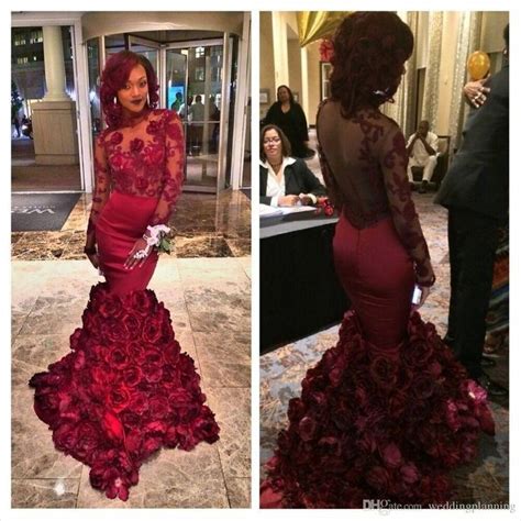romantic red evening dress mermaid  rose floral ruffles sheer prom gown  applique long