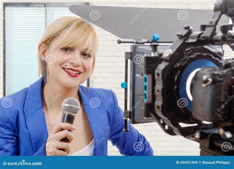 portrait  elegant blonde woman tv reporter stock photo image  beautiful event