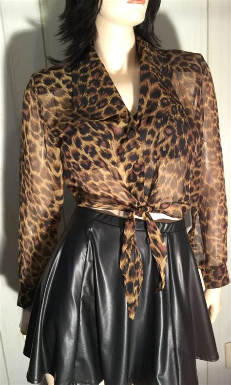 meow sexy catgirl vintage 80s sheer leopard print cropped tieup midriff blouse top hot stuff sz m
