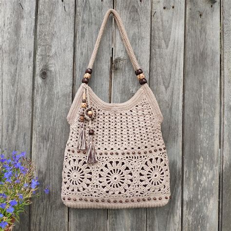 beige handmade crochet bag summer cotton boho style crochet purse