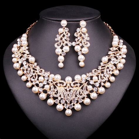 fashion pearl statement necklace earrings bridal jewelry sets bride