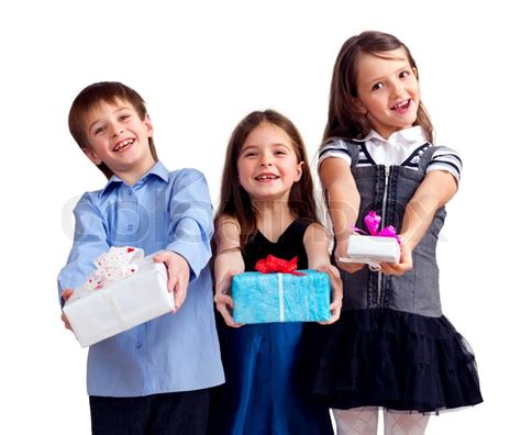 cute children give gifts isolated  white stock photo colourbox